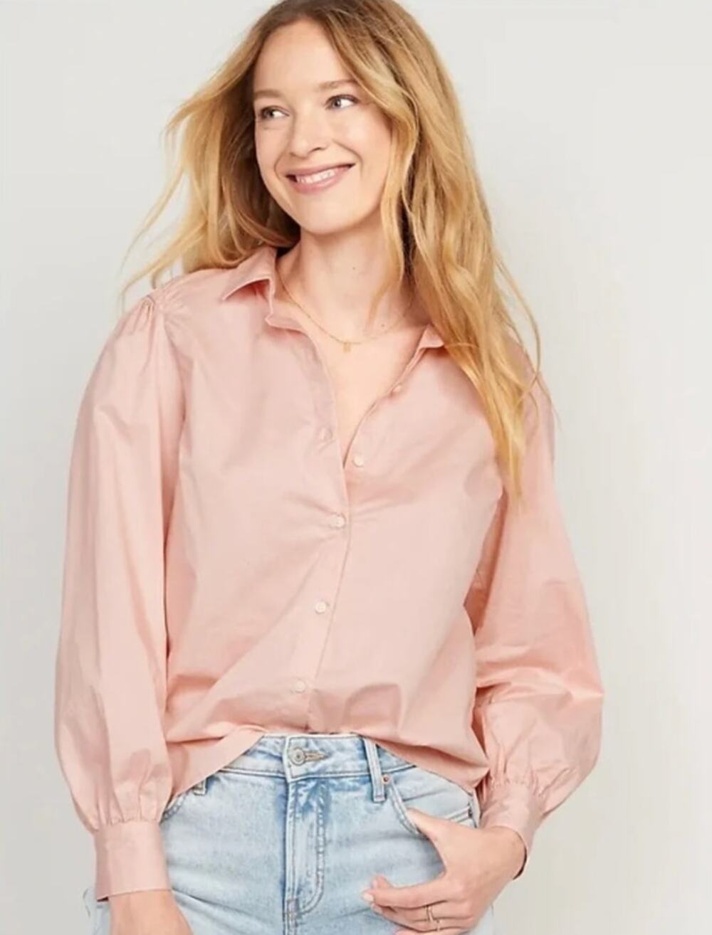 Old Navy Pink Smocked Poplin Button Down Shirt Pleated Sleeves XXL 2X 2XL